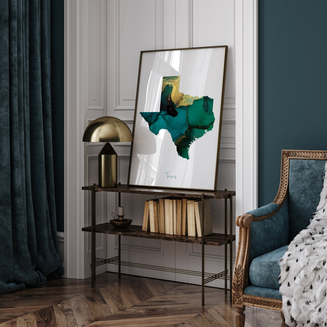 Texas Map Emerald Green and Gold Wall Art Print | US State | USA | United States of America