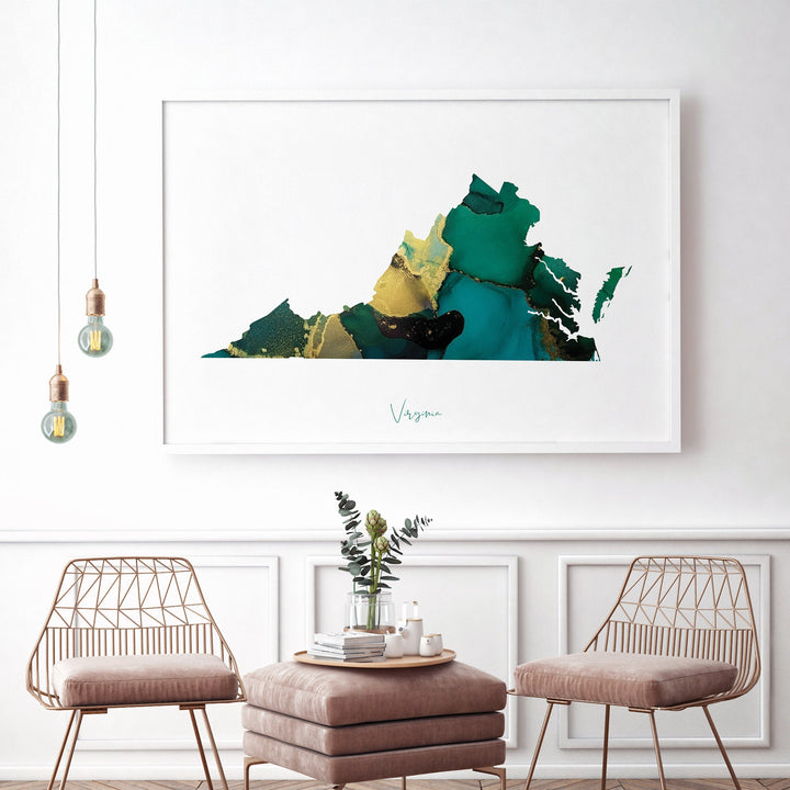 Virginia Map Emerald Green and Gold Wall Art Print | US State | USA | United States of America