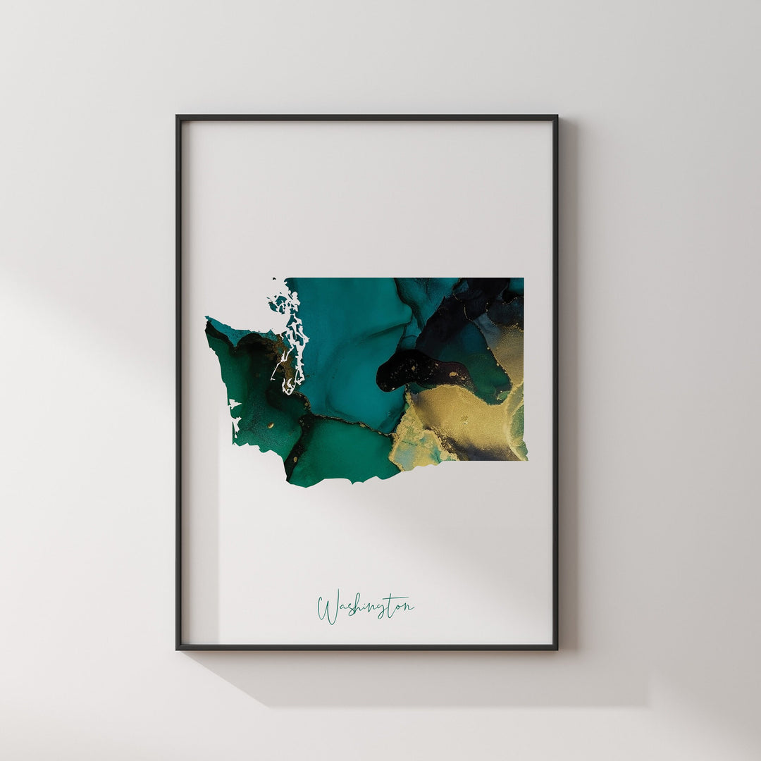 Washington Map Emerald Green and Gold Wall Art Print | US State | USA | United States of America