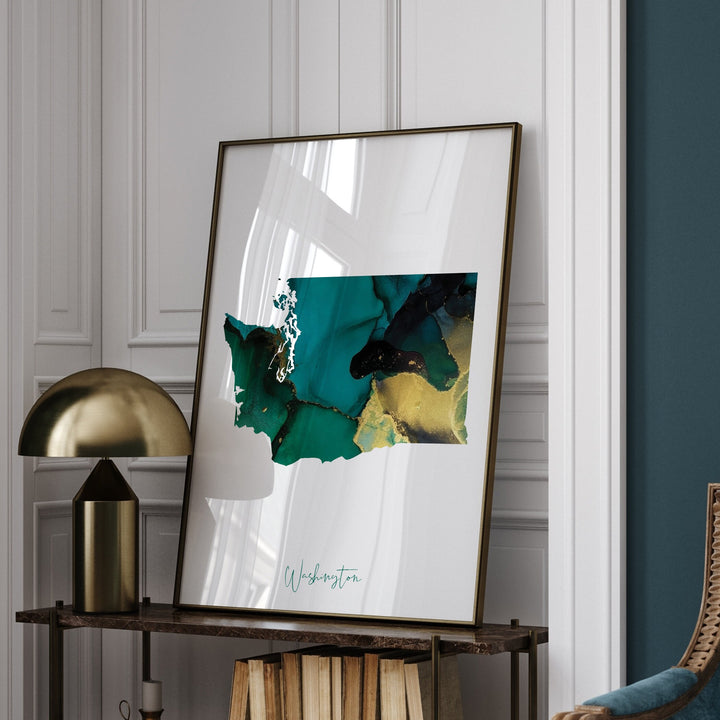 Washington Map Emerald Green and Gold Wall Art Print | US State | USA | United States of America