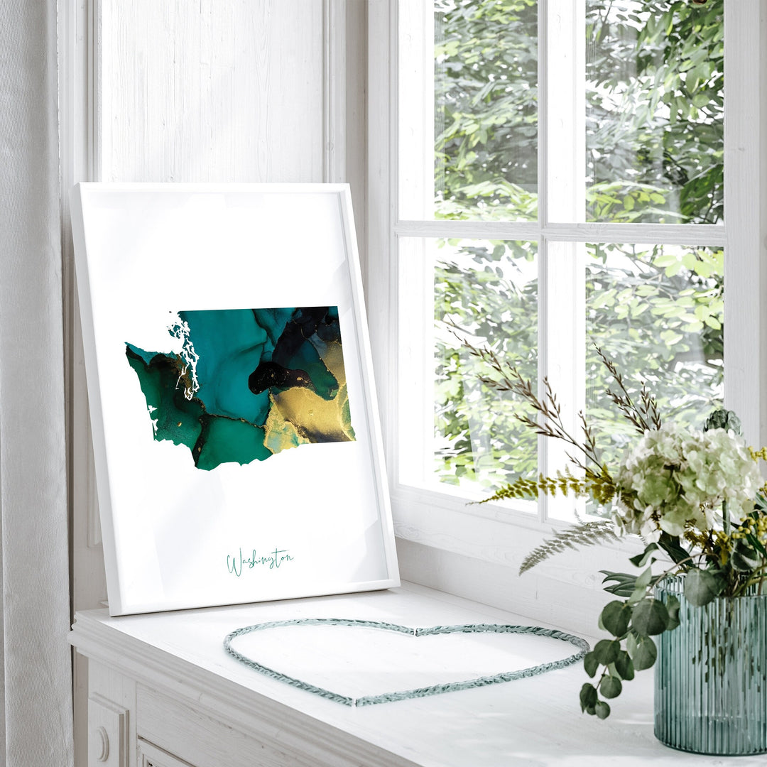 Washington Map Emerald Green and Gold Wall Art Print | US State | USA | United States of America