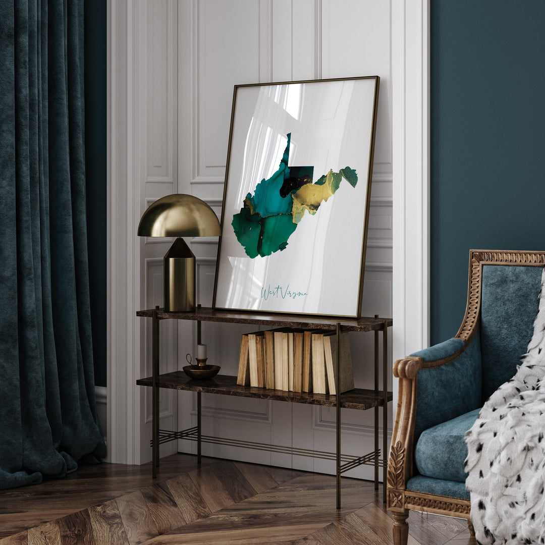 West Virginia Map Emerald Green and Gold Wall Art Print | US State | USA | United States of America