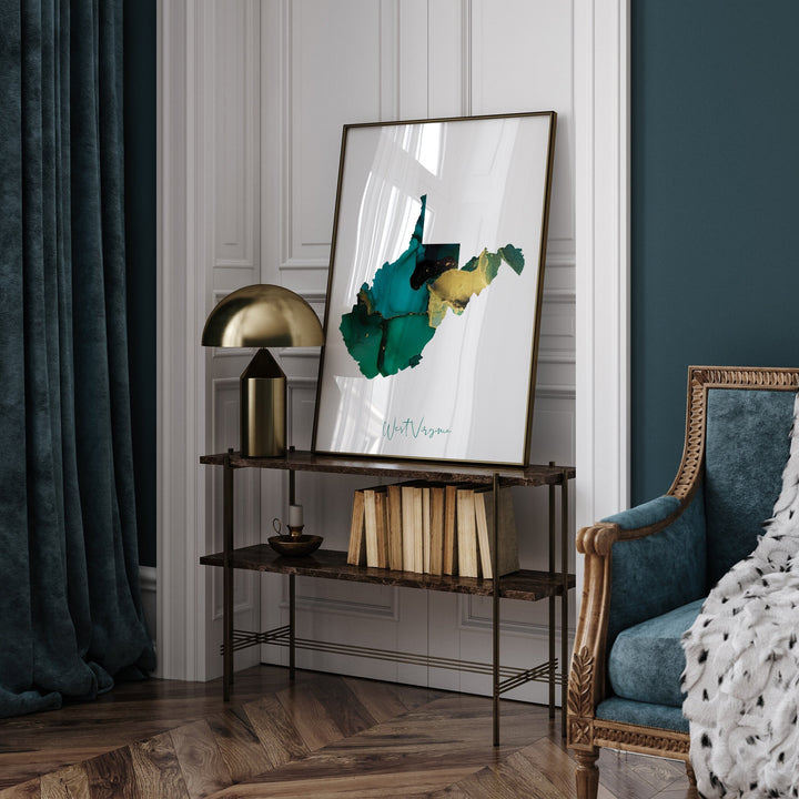 West Virginia Map Emerald Green and Gold Wall Art Print | US State | USA | United States of America