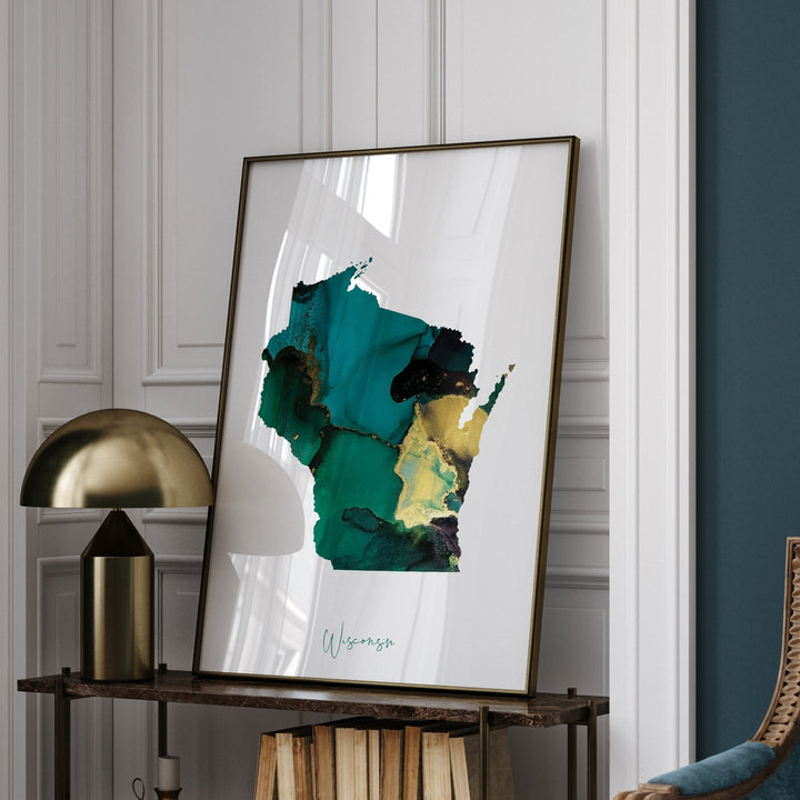 Wisconsin Map Emerald Green and Gold Wall Art Print | US State | USA | United States of America