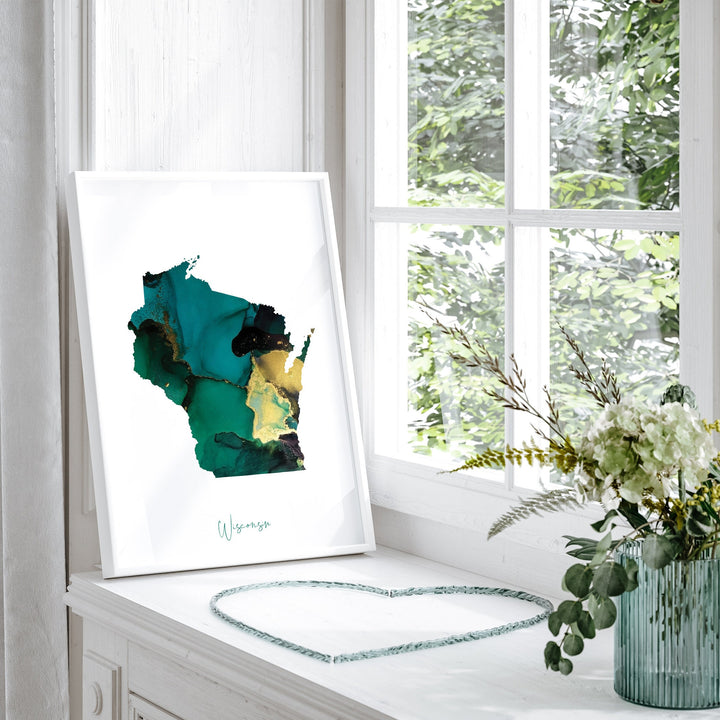 Wisconsin Map Emerald Green and Gold Wall Art Print | US State | USA | United States of America