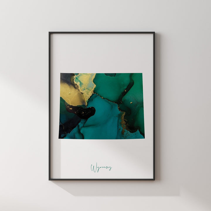 Wyoming Map Emerald Green and Gold Wall Art Print | US State | USA | United States of America