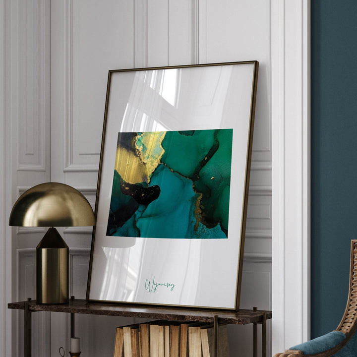Wyoming Map Emerald Green and Gold Wall Art Print | US State | USA | United States of America