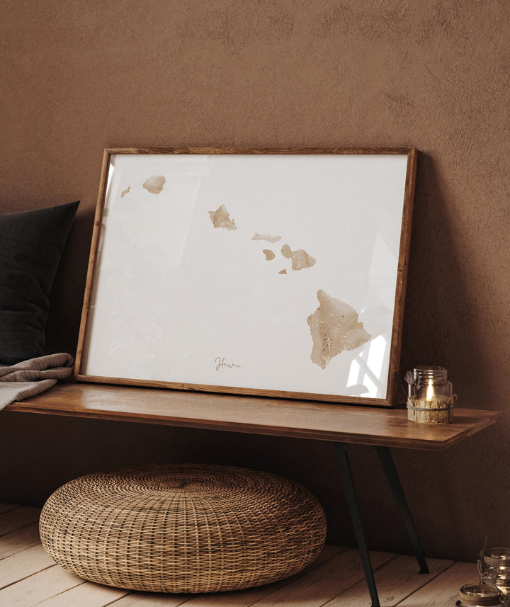 Hawaii Map Beige & Gold Wall Art Print | US State | USA | United States of America