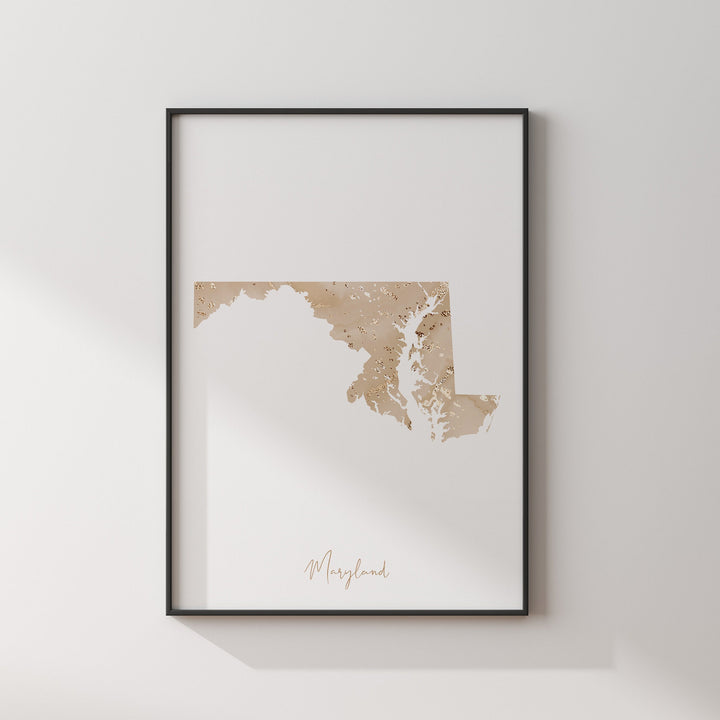 Maryland Map Beige & Gold Wall Art Print | US State | USA | United States of America