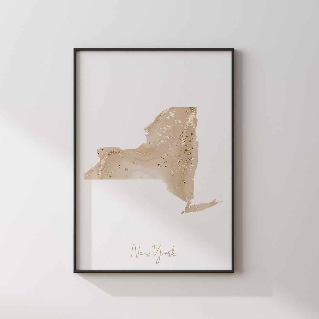 New York Map Beige & Gold Wall Art Print | US State | USA | United States of America