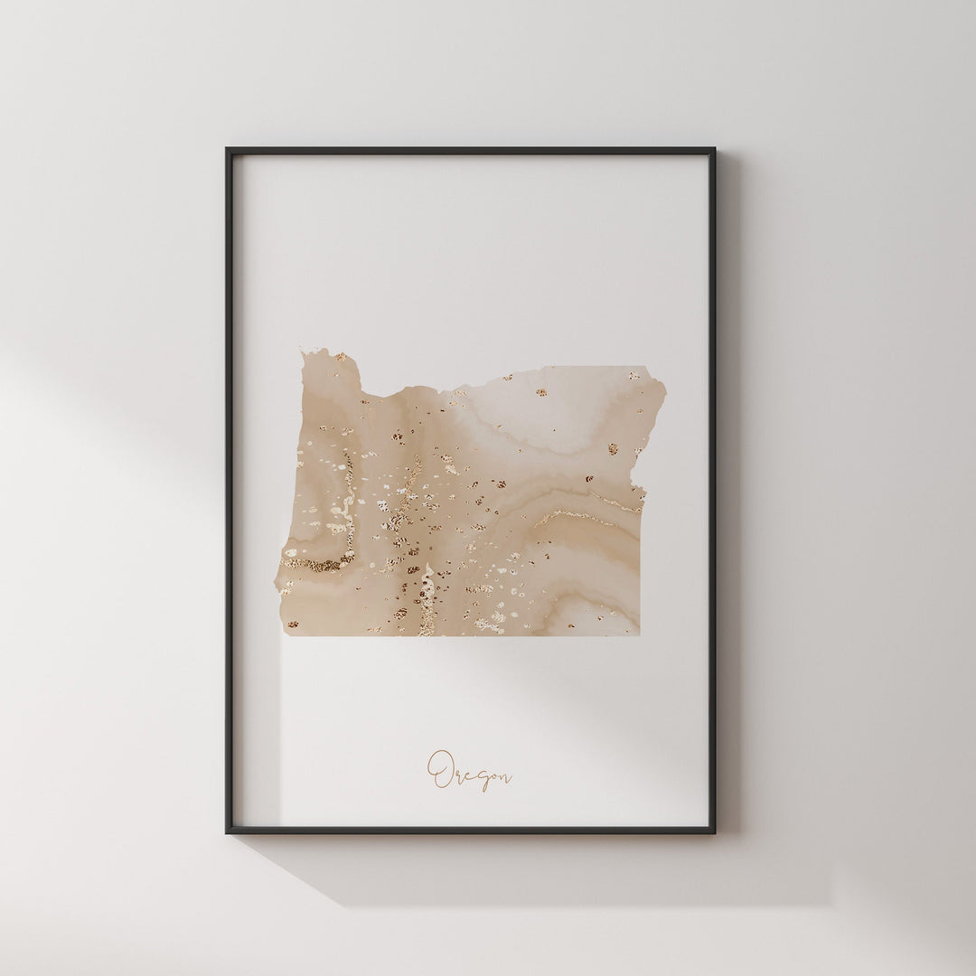 Oregon Map Beige & Gold Wall Art Print | US State | USA | United States of America