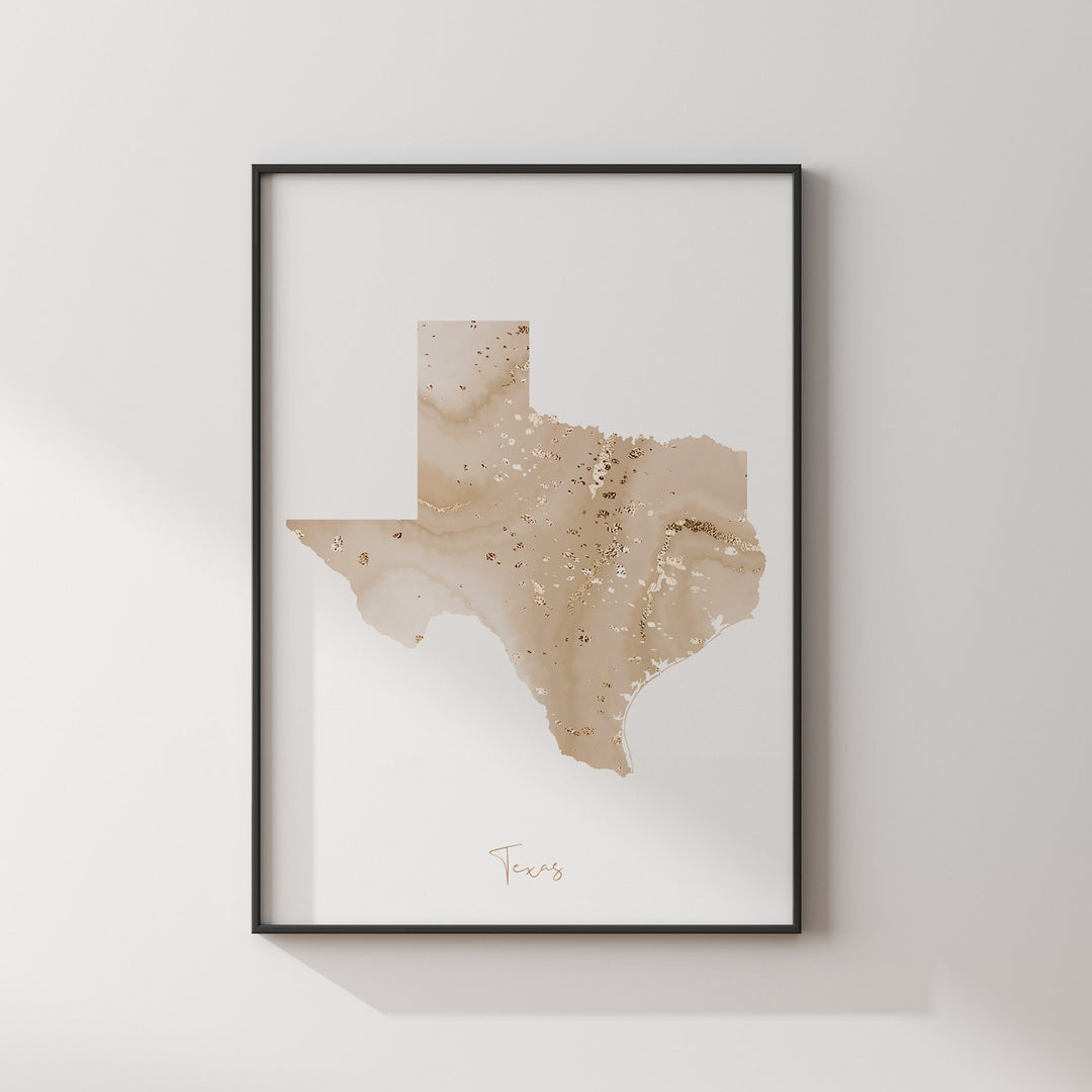 Texas Map Beige & Gold Wall Art Print | US State | USA | United States of America