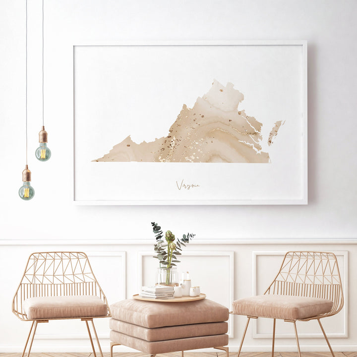 Virginia Map Beige & Gold Wall Art Print | US State | USA | United States of America