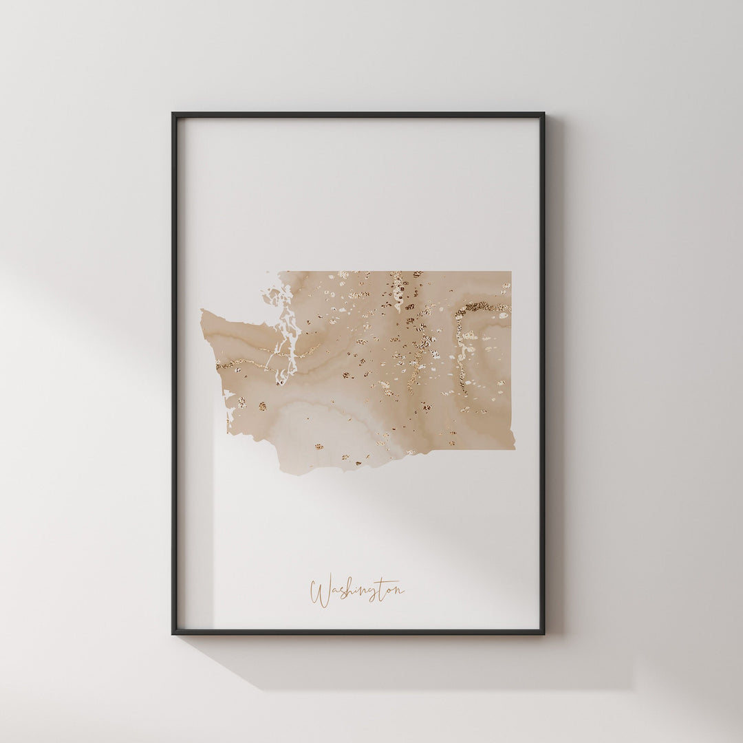 Washington Map Beige & Gold Wall Art Print | US State | USA | United States of America