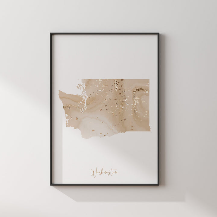 Washington Map Beige & Gold Wall Art Print | US State | USA | United States of America