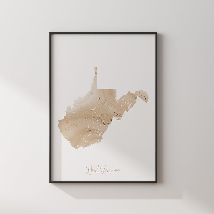 West Virginia Map Beige & Gold Wall Art Print | US State | USA | United States of America