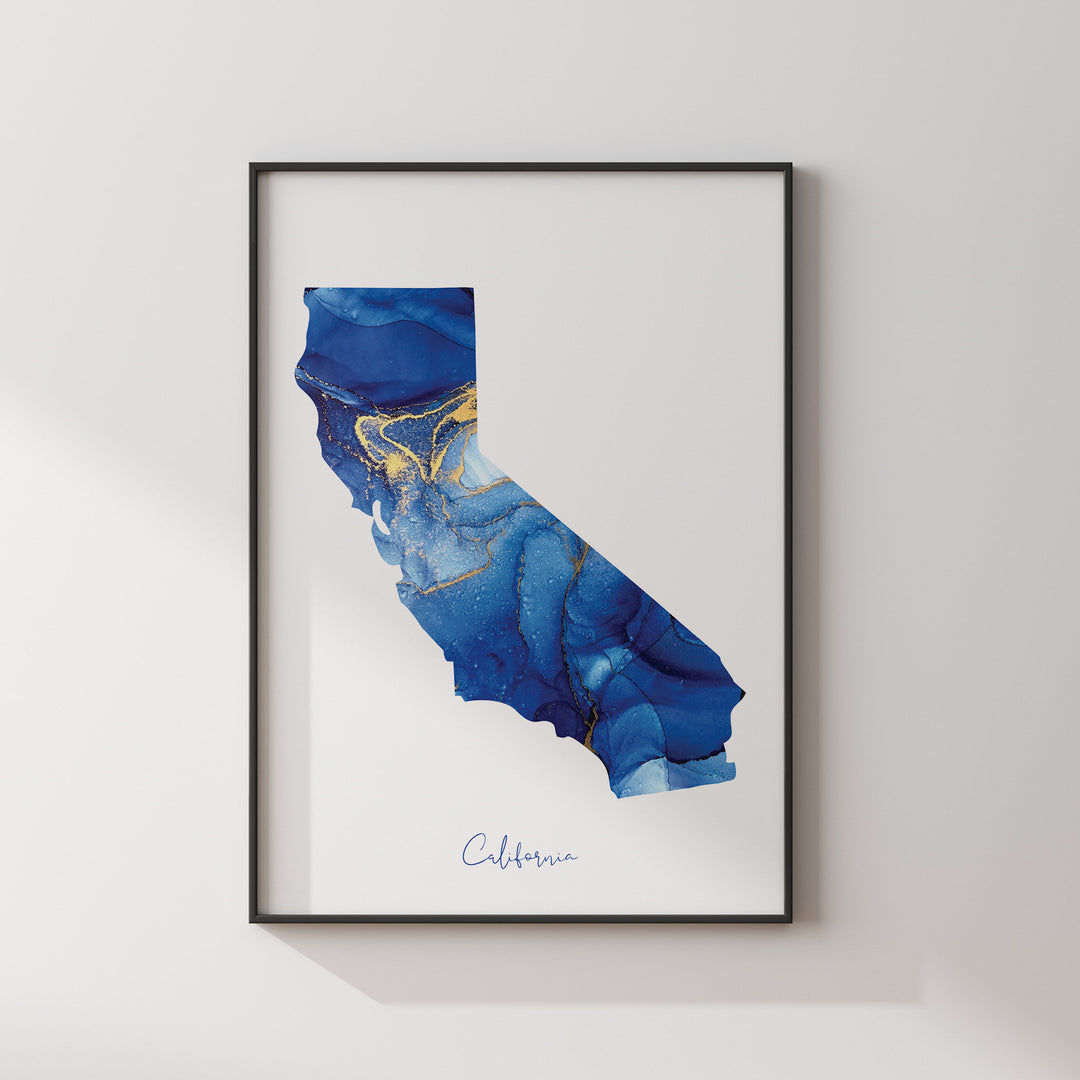 California Map Blue and Gold Wall Art Print | US State | United States of America | USA
