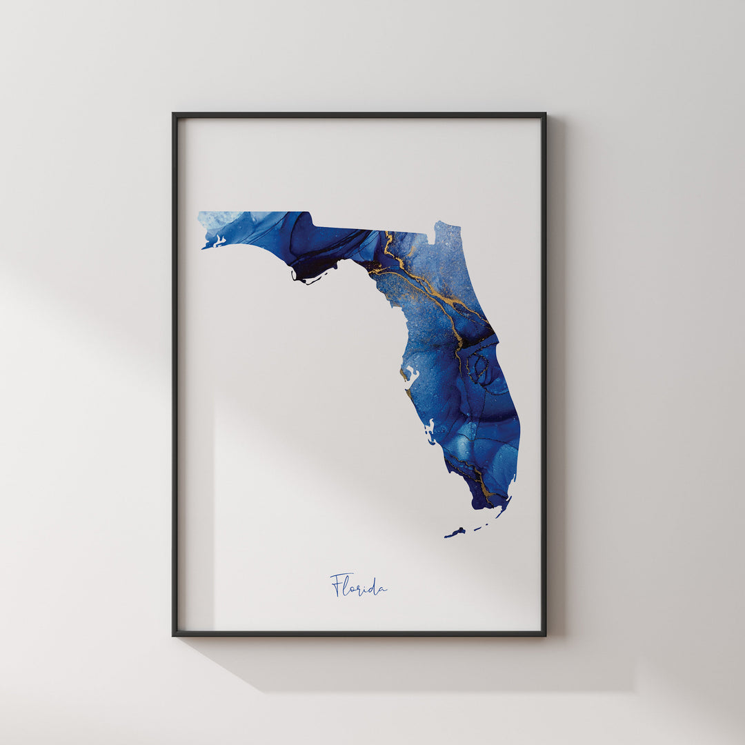 Florida Map Blue and Gold Wall Art Print | US State | United States of America | USA