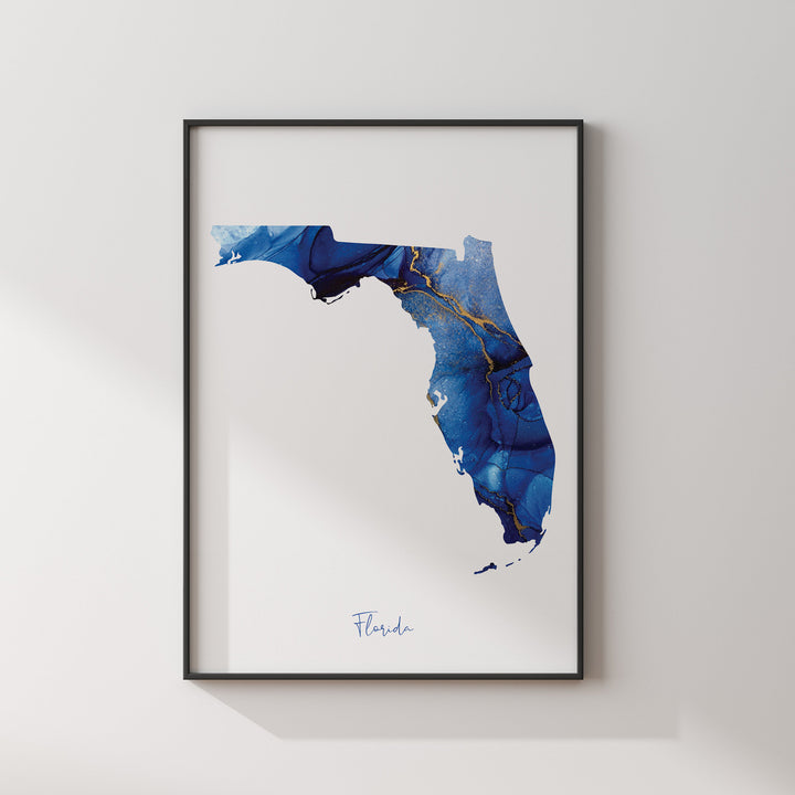 Florida Map Blue and Gold Wall Art Print | US State | United States of America | USA