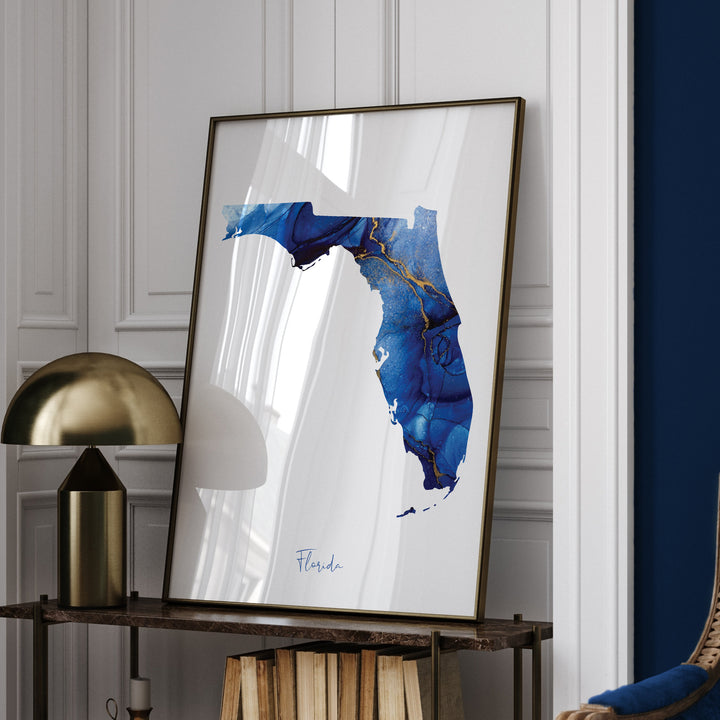Florida Map Blue and Gold Wall Art Print | US State | United States of America | USA