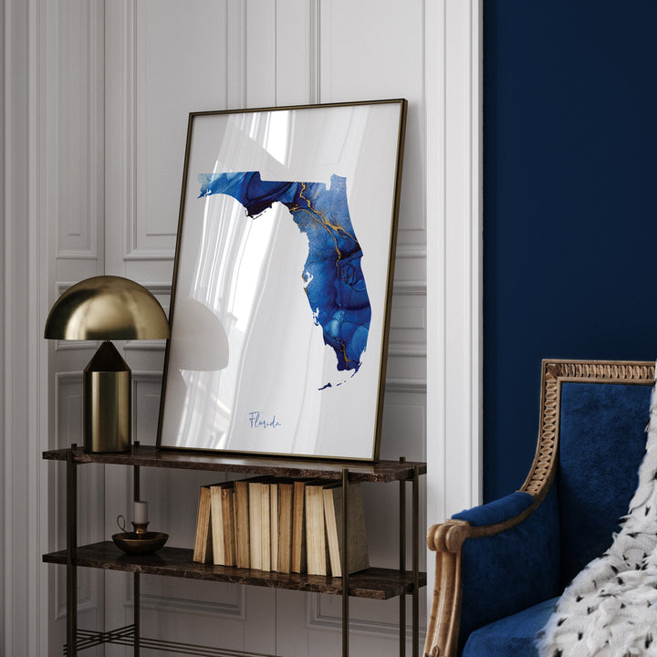 Florida Map Blue and Gold Wall Art Print | US State | United States of America | USA