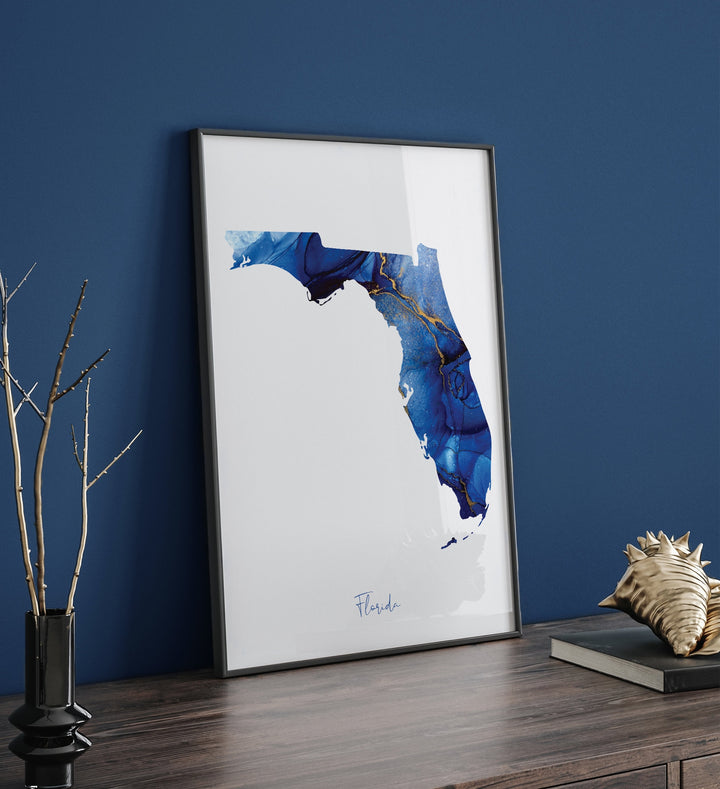 Florida Map Blue and Gold Wall Art Print | US State | United States of America | USA