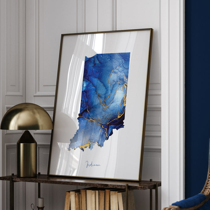 Indiana Map Blue and Gold Wall Art Print | US State | United States of America | USA