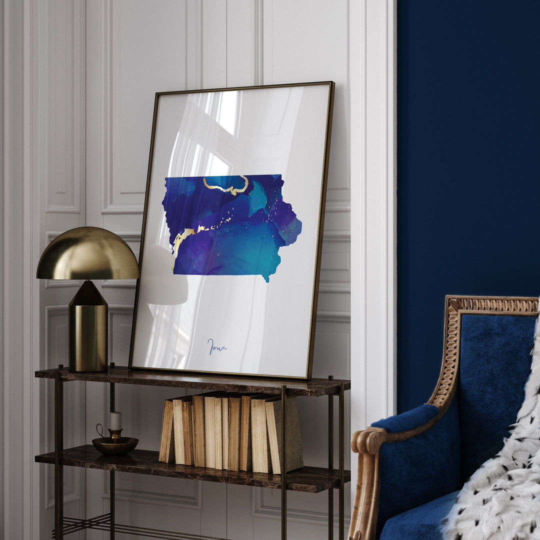 Iowa Map Blue and Gold Wall Art Print | US State | United States of America | USA