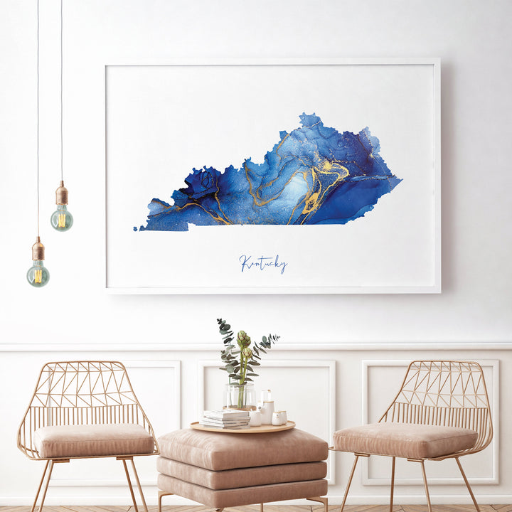 Kentucky Map Blue and Gold Wall Art Print | US State | United States of America | USA
