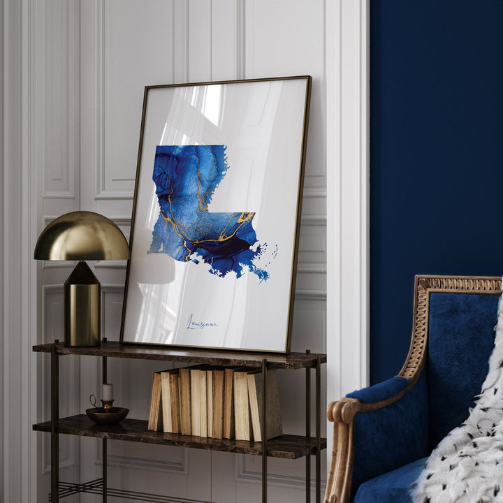 Louisiana Map Blue and Gold Wall Art Print | US State | United States of America | USA