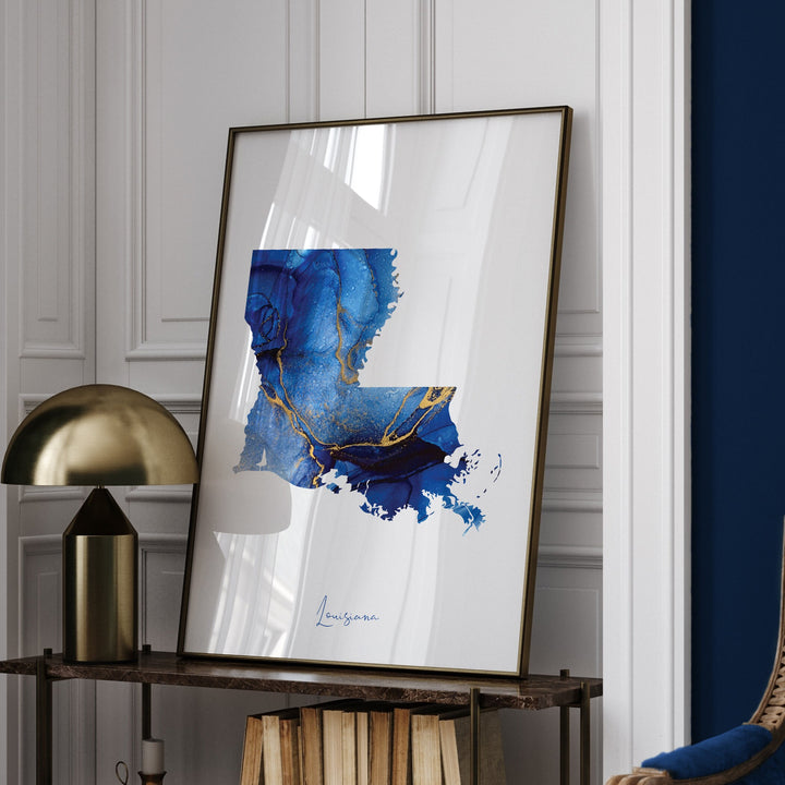 Louisiana Map Blue and Gold Wall Art Print | US State | United States of America | USA