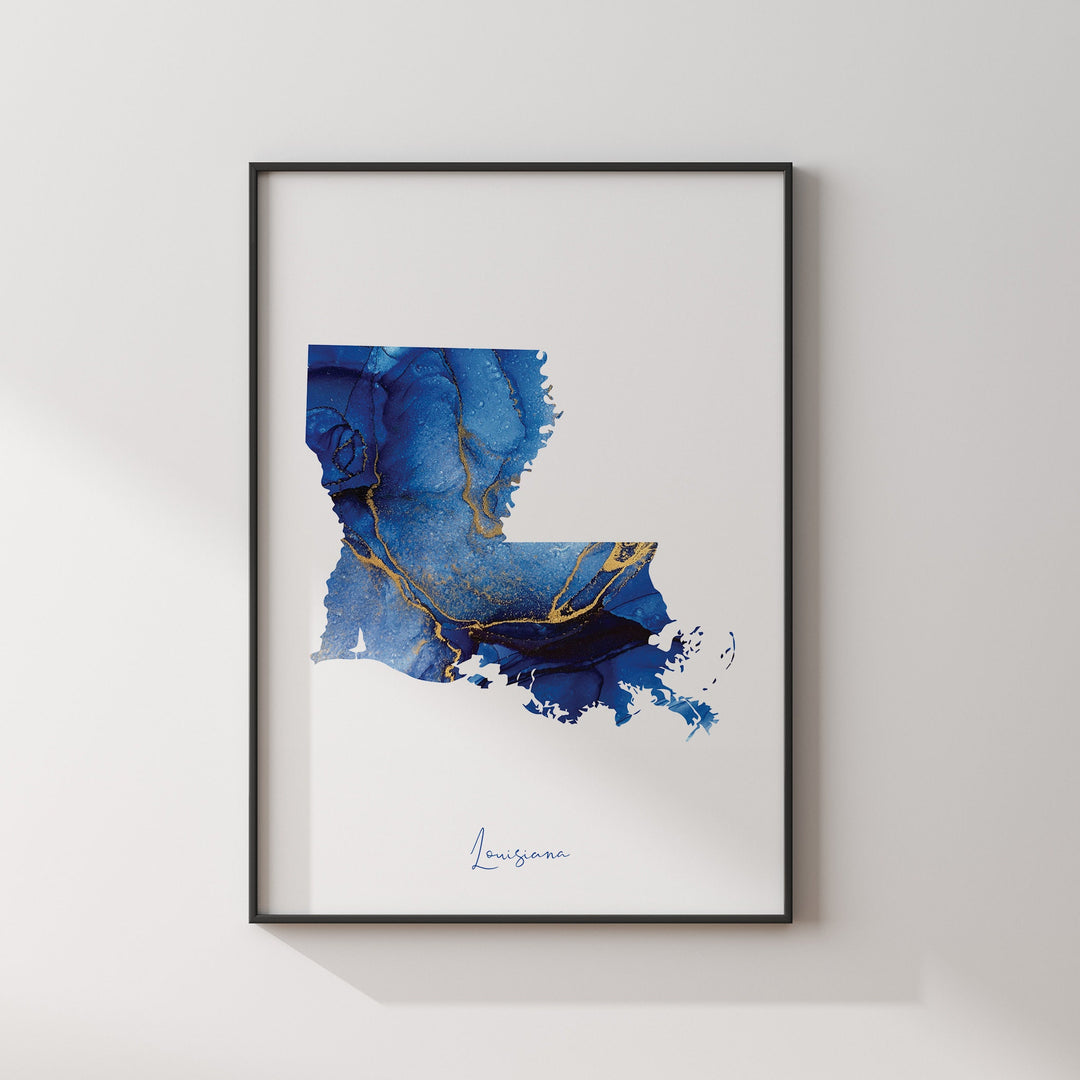 Louisiana Map Blue and Gold Wall Art Print | US State | United States of America | USA
