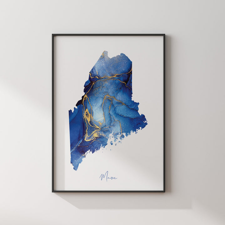Maine Map Blue and Gold Wall Art Print | US State | United States of America | USA
