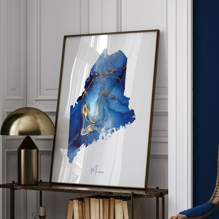 Maine Map Blue and Gold Wall Art Print | US State | United States of America | USA
