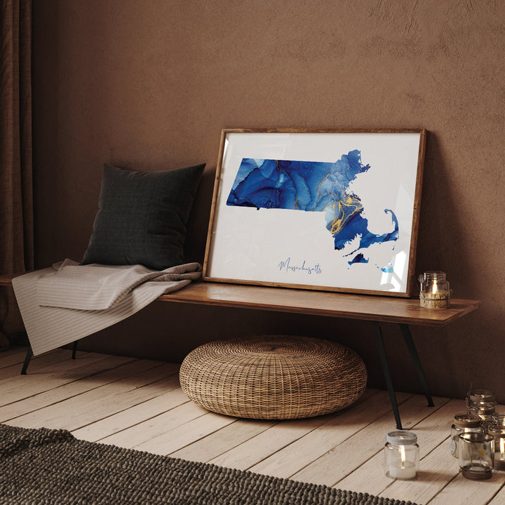 Massachusetts Map Blue and Gold Wall Art Print | US State | United States of America | USA