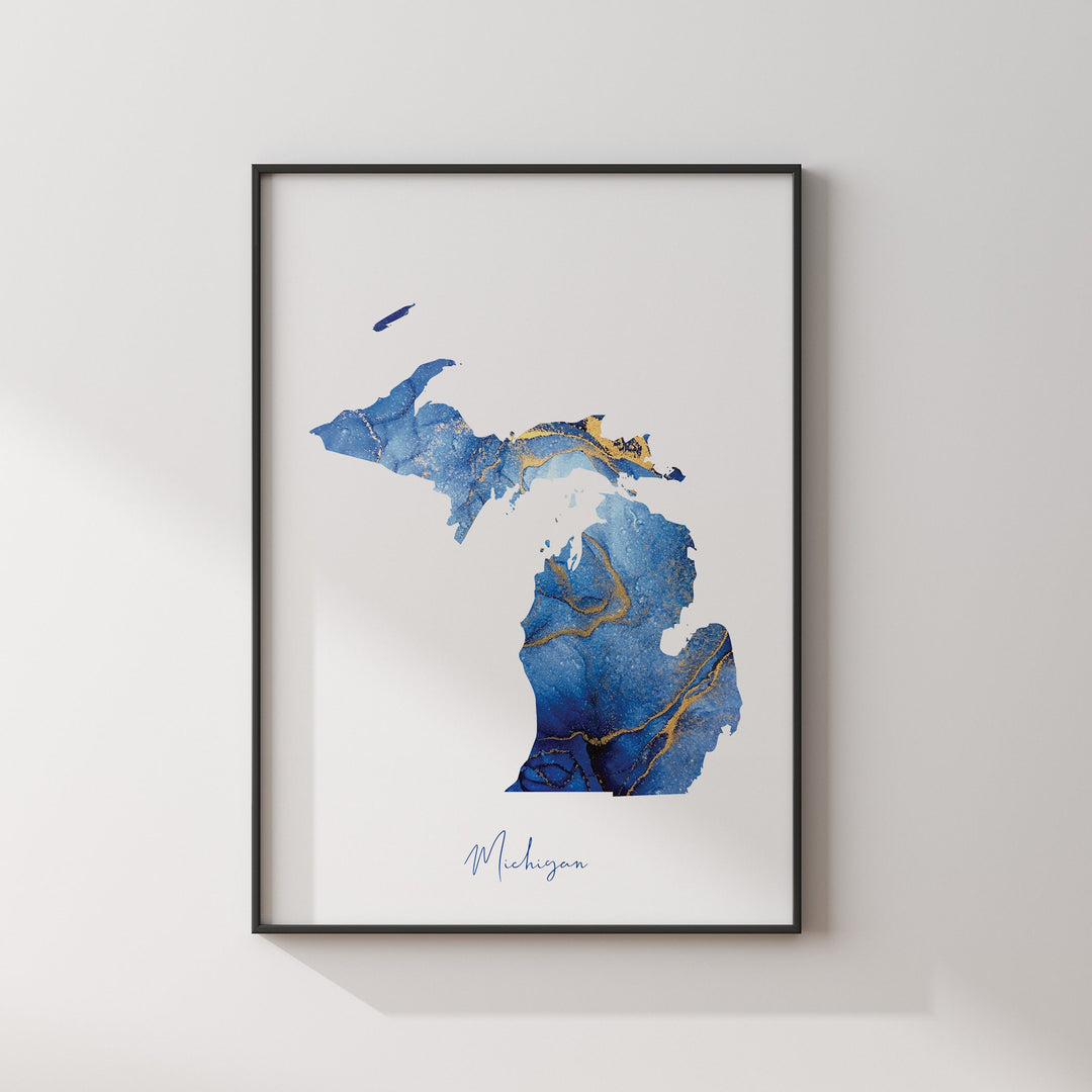 Michigan Map Blue and Gold Wall Art Print | US State | United States of America | USA