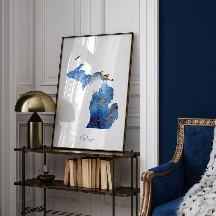 Michigan Map Blue and Gold Wall Art Print | US State | United States of America | USA