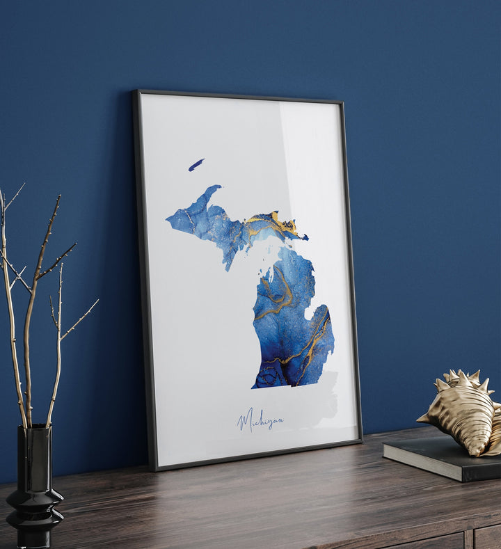 Michigan Map Blue and Gold Wall Art Print | US State | United States of America | USA