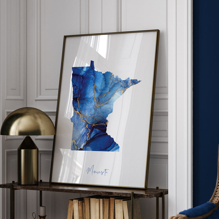 Minnesota Map Blue and Gold Wall Art Print | US State | United States of America | USA