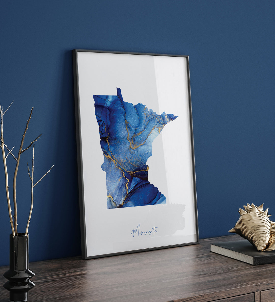 Minnesota Map Blue and Gold Wall Art Print | US State | United States of America | USA