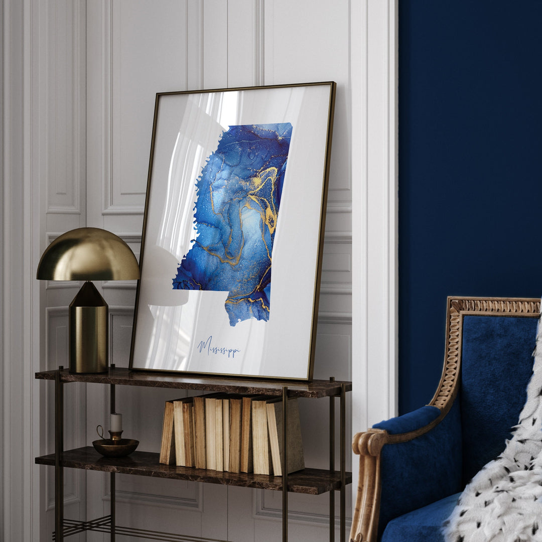 Mississippi Map Blue and Gold Wall Art Print | US State | United States of America | USA