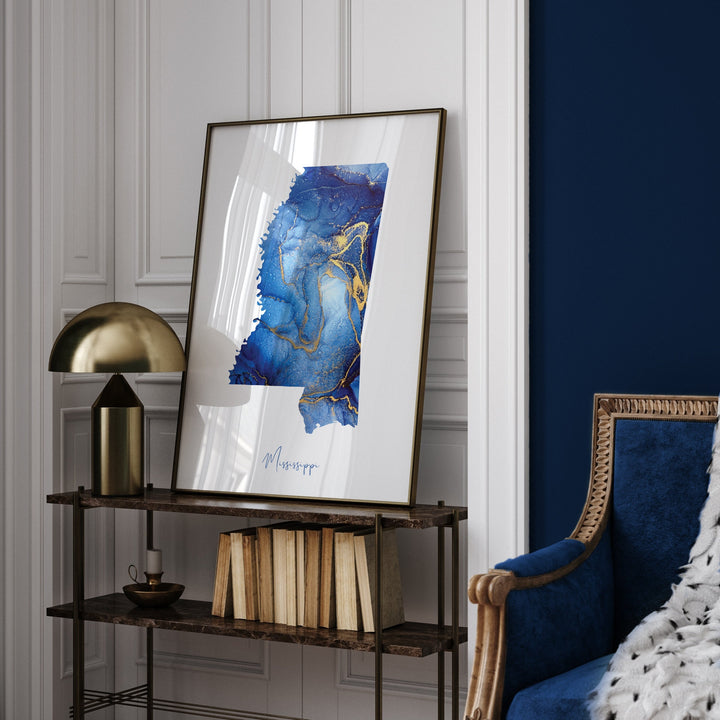 Mississippi Map Blue and Gold Wall Art Print | US State | United States of America | USA