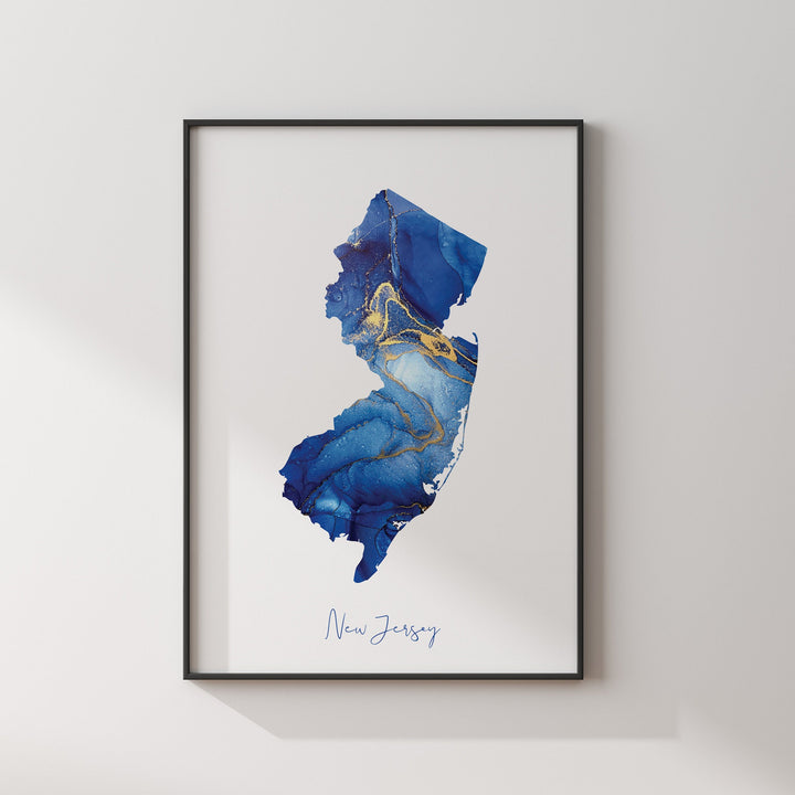 New Jersey Map Blue and Gold Wall Art Print | US State | United States of America | USA