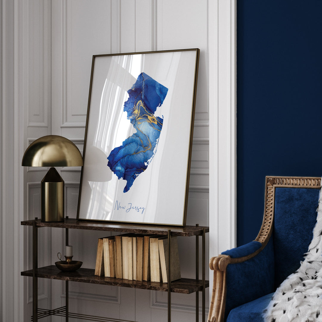 New Jersey Map Blue and Gold Wall Art Print | US State | United States of America | USA