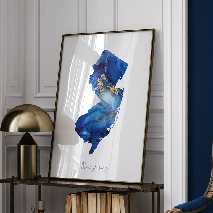 New Jersey Map Blue and Gold Wall Art Print | US State | United States of America | USA