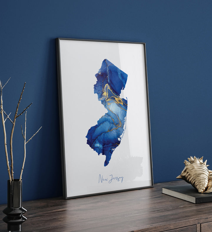 New Jersey Map Blue and Gold Wall Art Print | US State | United States of America | USA