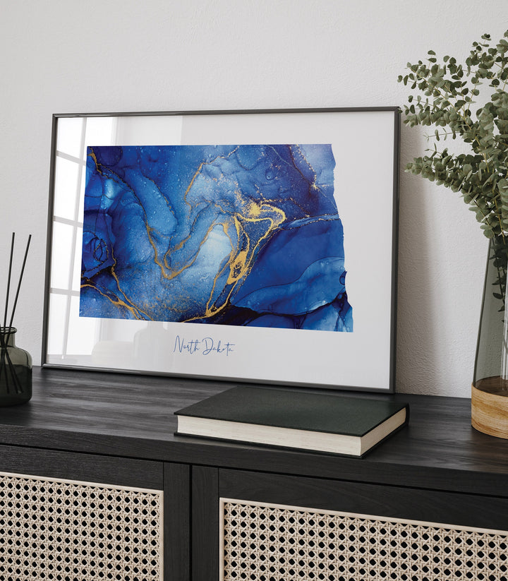 North Dakota Map Blue and Gold Wall Art Print | US State | United States of America | USA
