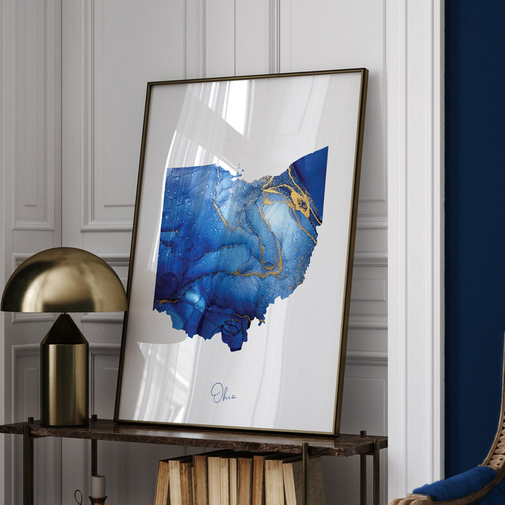 Ohio Map Blue and Gold Wall Art Print | US State | United States of America | USA
