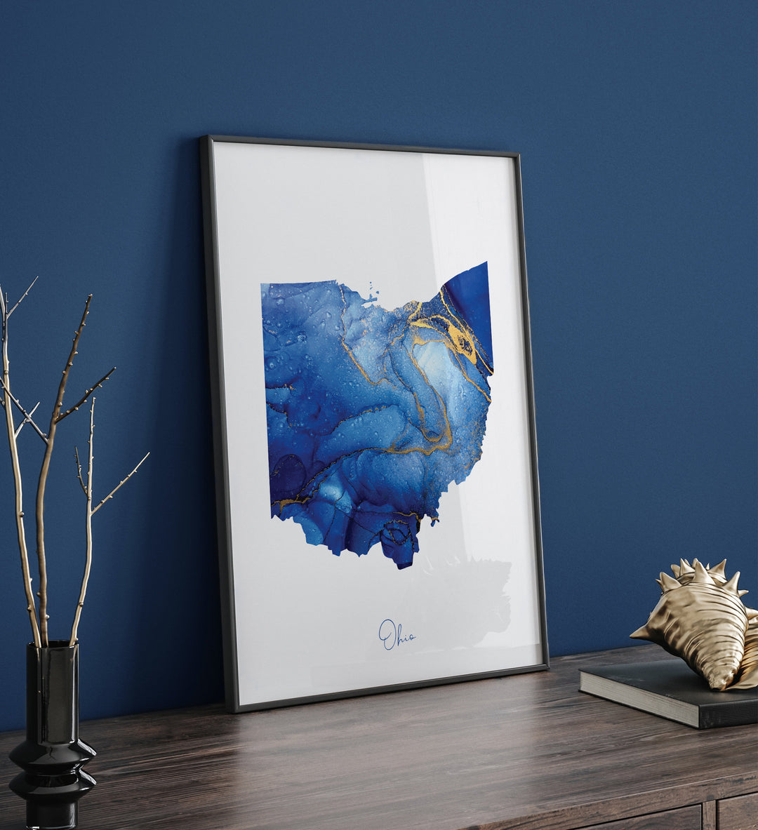 Ohio Map Blue and Gold Wall Art Print | US State | United States of America | USA