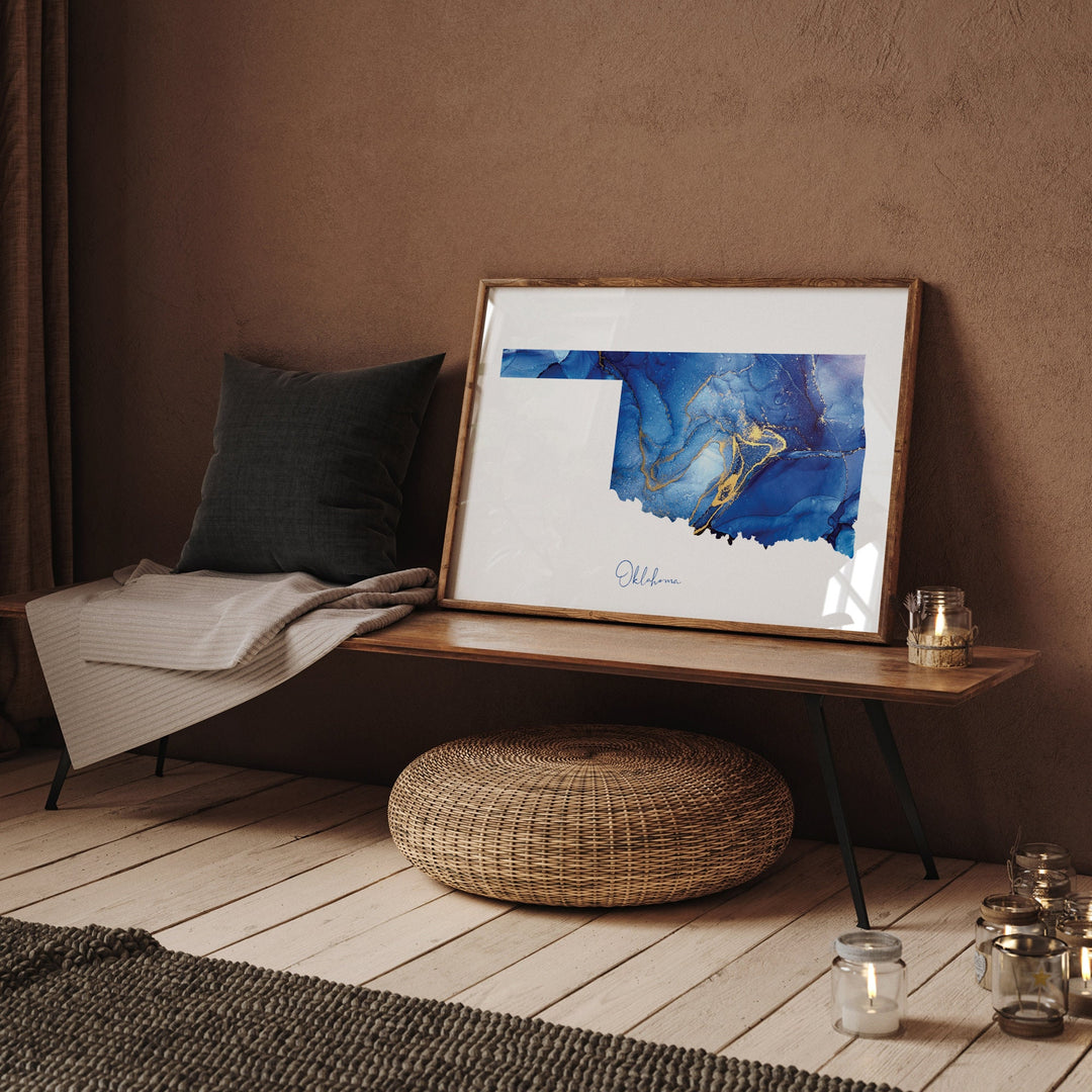 Oklahoma Map Blue and Gold Wall Art Print | US State | United States of America | USA